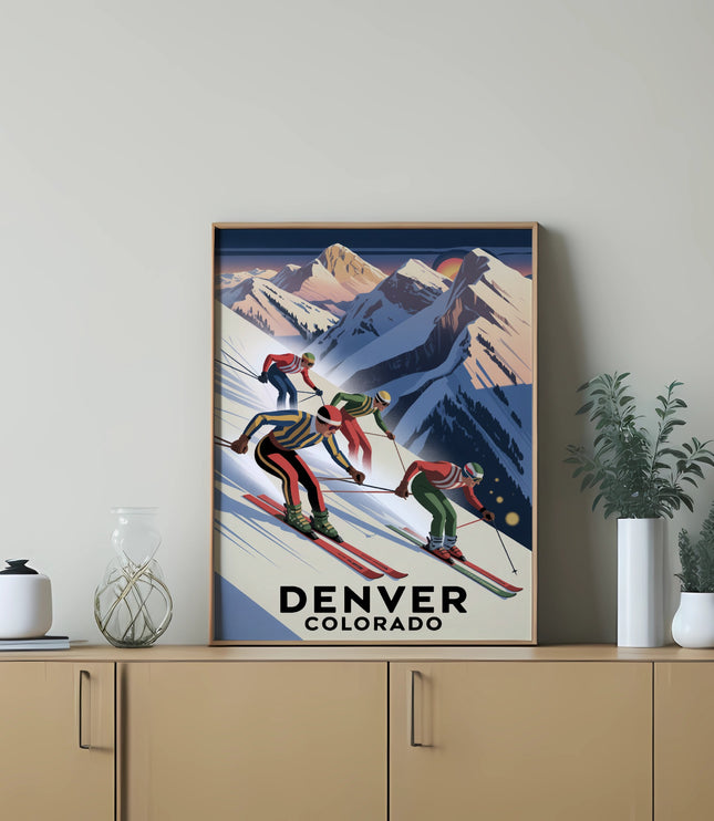 Vintage ski poster of skiers on a snowy mountain, "Denver" text below.