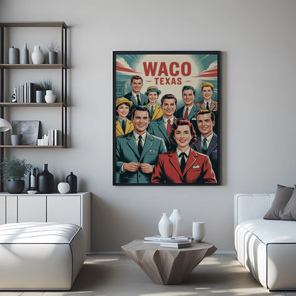 Poster of smiling people in suits with "WACO TEXAS" at the top.
