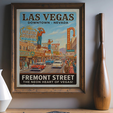 Vintage Las Vegas Fremont Street poster with text and classic cars.