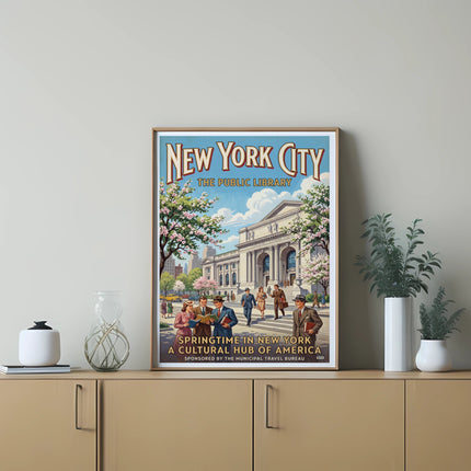 Vintage New York City Public Library poster with people in springtime.