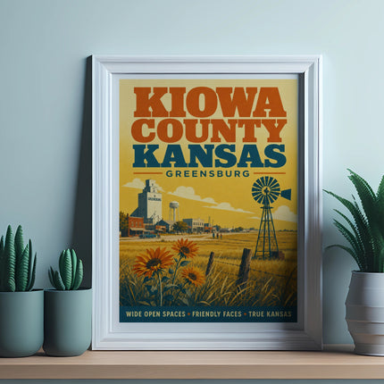 KANSAS Kiowa County poster with sunflowers, windmill, and farm buildings.