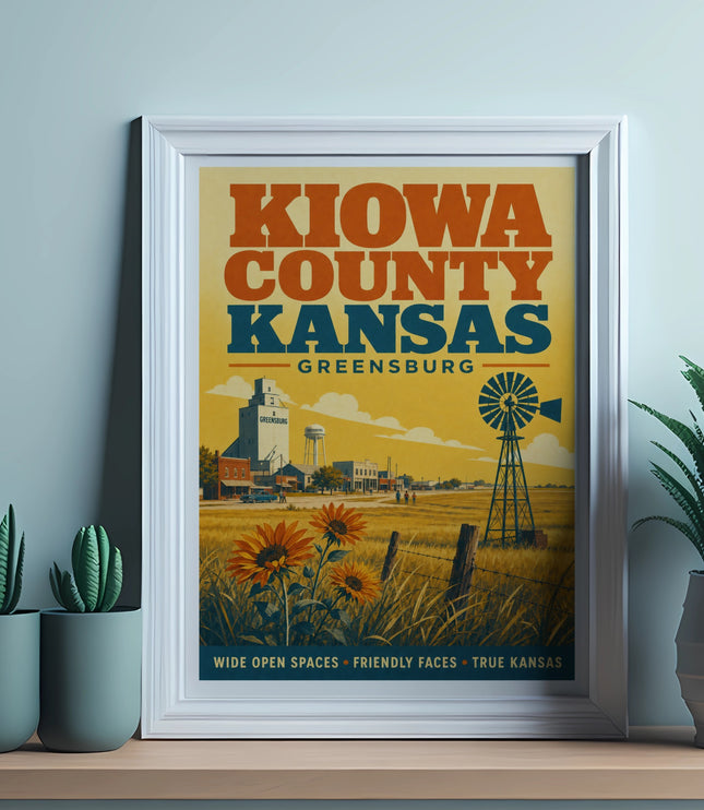 KANSAS Kiowa County poster with sunflowers, windmill, and farm buildings.
