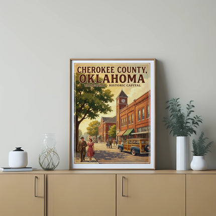 Cherokee County, Oklahoma art featuring Tahlequah and a vintage woody wagon.