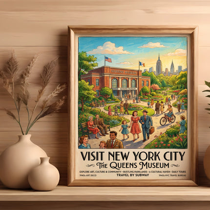 Vintage travel poster for the Queens Museum in New York City.