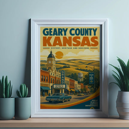 Geary County Kansas vintage travel poster with town scene and text.