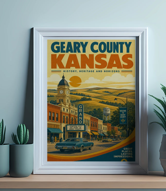 Geary County Kansas vintage travel poster with town scene and text.