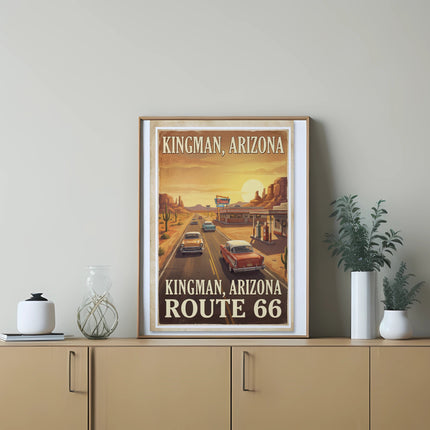 Kingman, Arizona Route 66 poster with vintage cars and desert landscape.