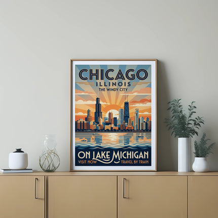 Art deco poster of Chicago, Illinois skyline over Lake Michigan with text about travel by train.