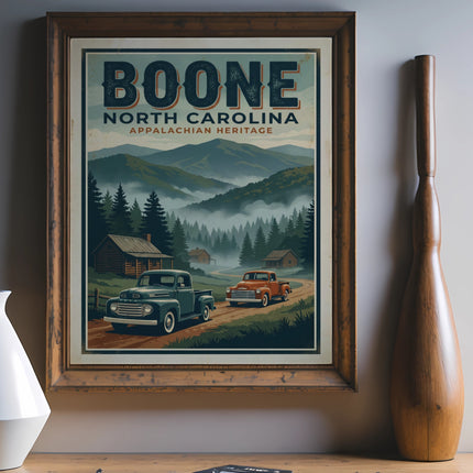 Vintage poster of Boone, North Carolina with trucks and mountains