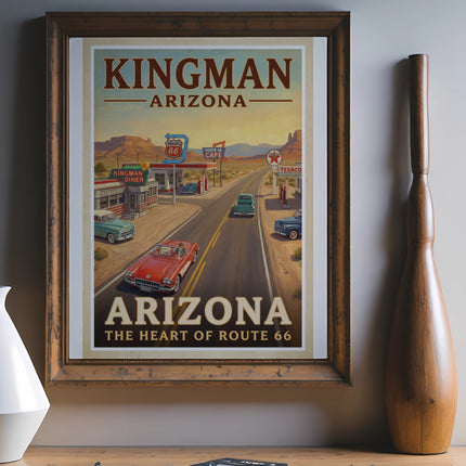 Kingman Arizona Route 66 diner and classic cars vintage travel art.