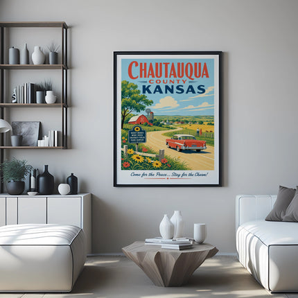 Chautauqua County Kansas travel poster with vintage car and farm scene.