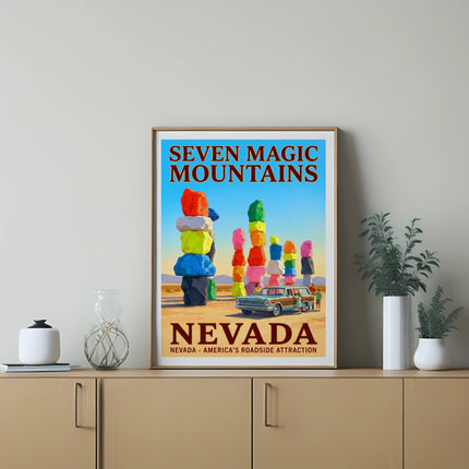 Seven Magic Mountains Nevada roadside attraction poster with vintage car and people.