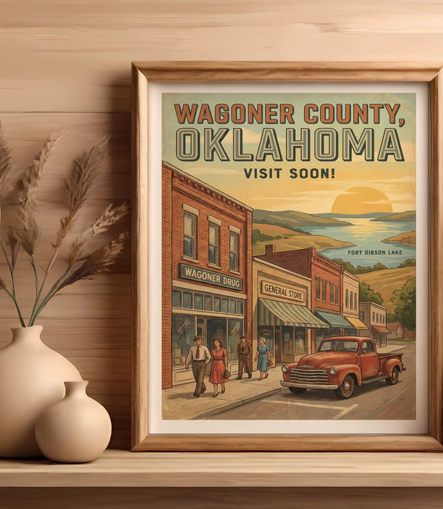 Retro poster for Wagoner County, Oklahoma, featuring a vintage street scene and Fort Gibson Lake.