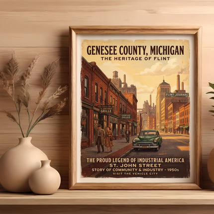Genesee County, Michigan vintage travel poster featuring Flint's St. John Street.
