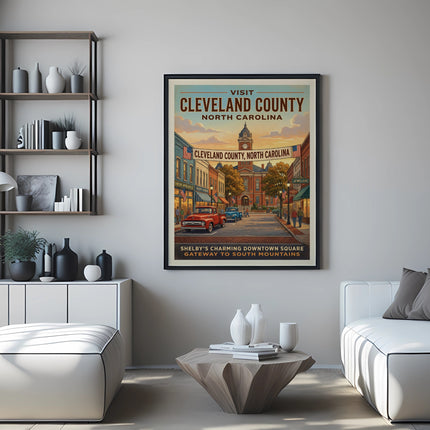 Vintage poster of Cleveland County, North Carolina, featuring a downtown square scene.