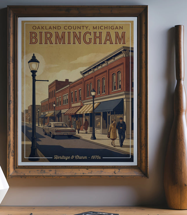 Poster of Birmingham, Oakland County, Michigan, 1970s heritage and charm.