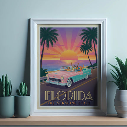 Retro Florida Sunshine State travel poster with convertible and palm trees.
