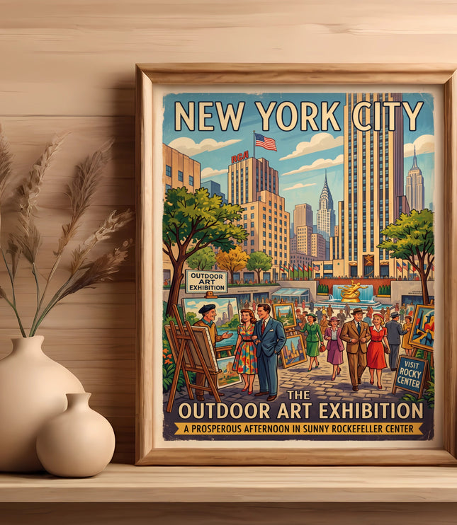 New York City outdoor art exhibition poster at Rockefeller Center.