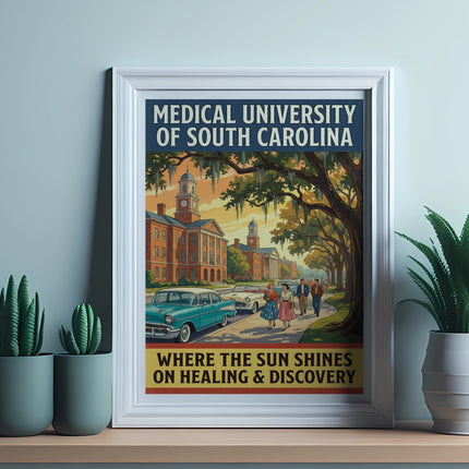Vintage poster for Medical University of South Carolina with tagline "Where the Sun Shines on Healing & Discovery."