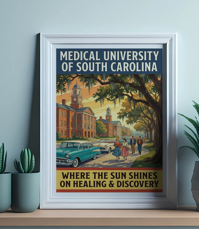 Vintage poster for Medical University of South Carolina with tagline "Where the Sun Shines on Healing & Discovery."
