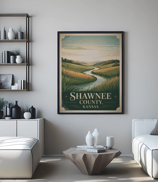Framed vintage poster showing a winding river through a grassy valley.