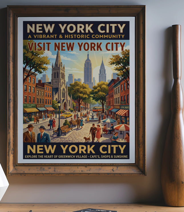 Vintage New York City poster showing Greenwich Village street scene with landmarks.