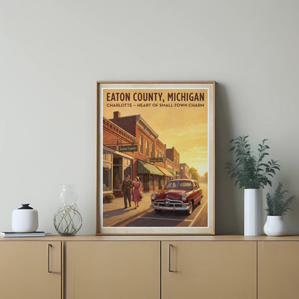 Vintage poster of Eaton County, Michigan with a couple and classic car.