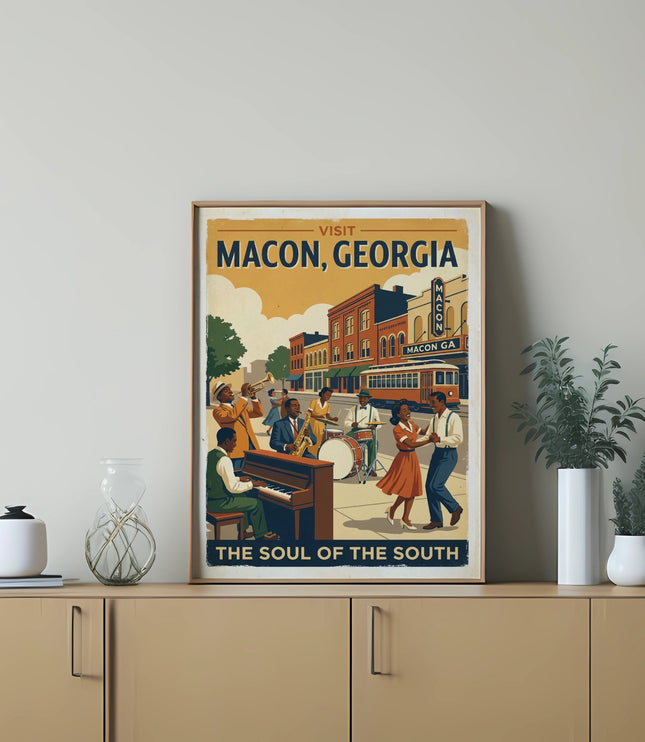 Vintage poster of Macon, Georgia with jazz band and dancers.