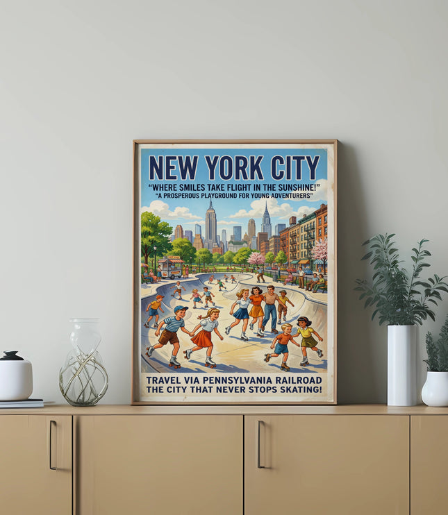 New York City poster showing people roller skating, with city skyline and text.