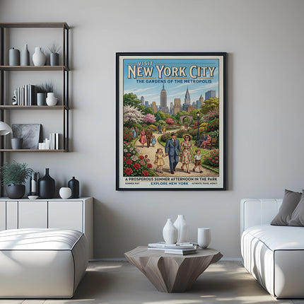 Vintage New York City poster showing families in a park, with text "Visit New York City".