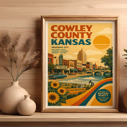 Vintage poster for Cowley County, Kansas, featuring Arkansas City.