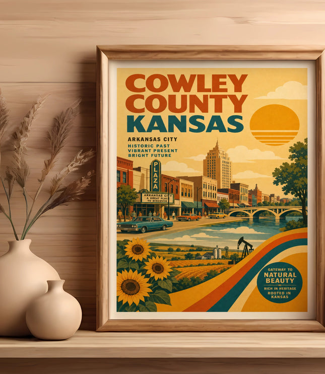 Vintage poster for Cowley County, Kansas, featuring Arkansas City.