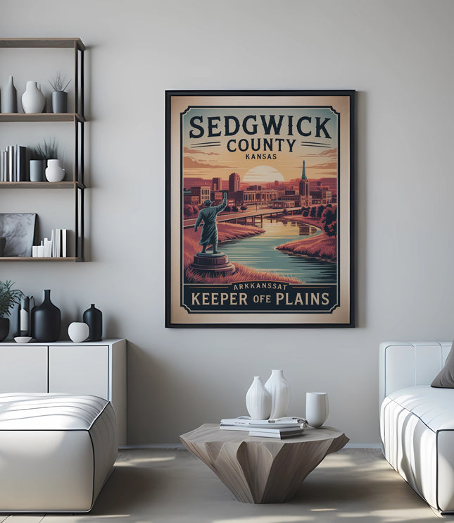 Sedgwick County, Kansas "Keeper of Plains" travel poster with city skyline.