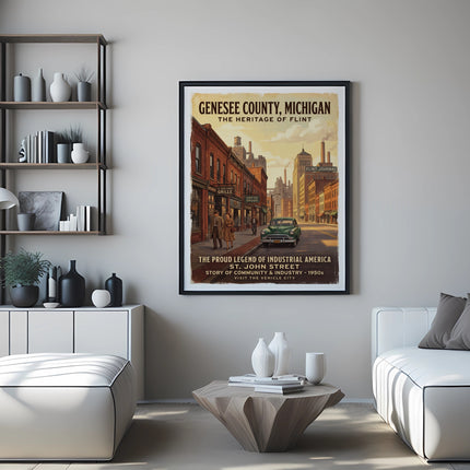 Genesee County, Michigan poster with St. John Street scene in vintage style.