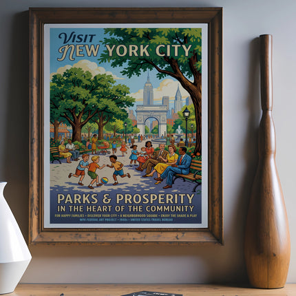 New York City Parks & Prosperity WPA poster featuring families in a park.