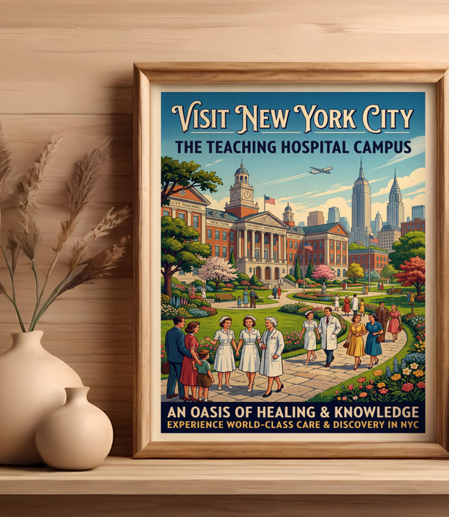 Vintage poster for New York City Teaching Hospital Campus with cityscape.