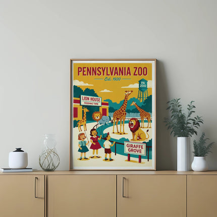 Pennsylvania Zoo poster with animals and people, "Lion House" and "Feeding Time" text.