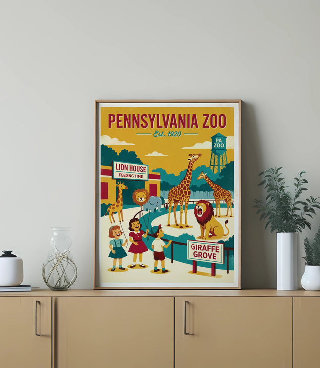 Pennsylvania Zoo poster with animals and people, "Lion House" and "Feeding Time" text.