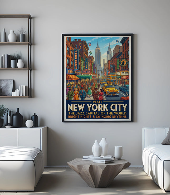 Vintage New York City jazz poster featuring street scene and text "Visit New York City."