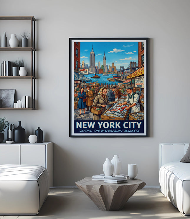 New York City waterfront market vintage poster with skyline, people, and seafood vendors.