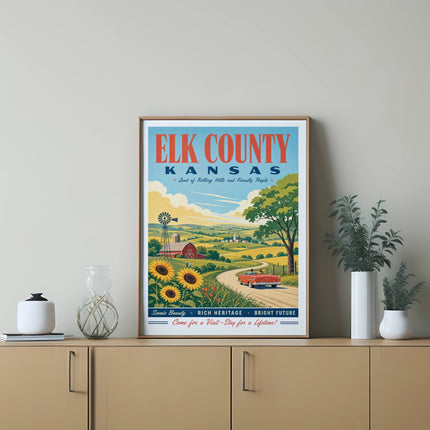 Elk County, Kansas poster with rural landscape, vintage car, and text.