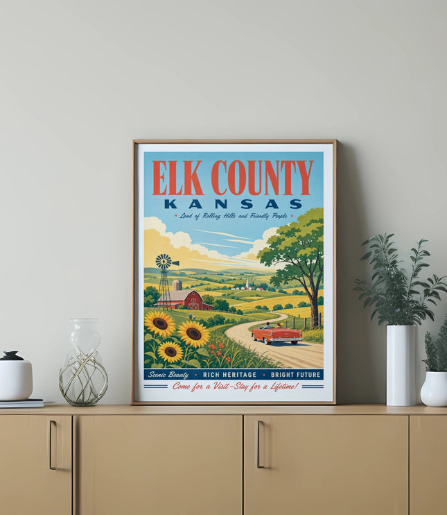 Elk County, Kansas poster with rural landscape, vintage car, and text.