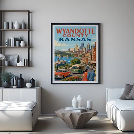 Wyandotte County, Kansas travel poster with city skyline and historic street scene.