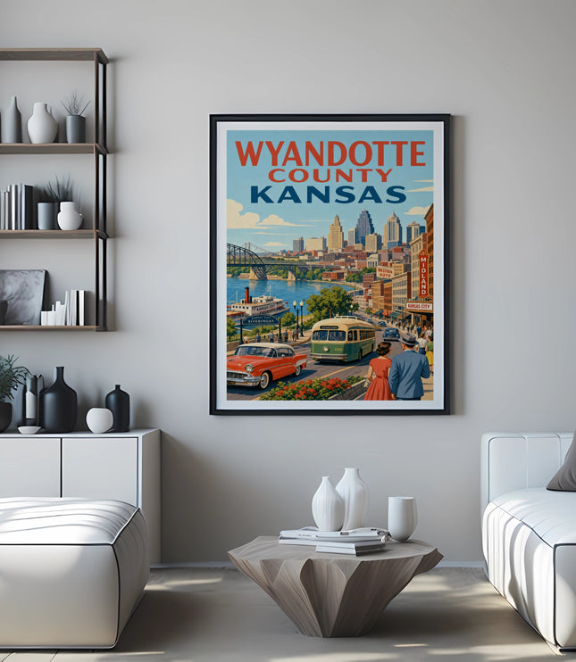 Wyandotte County, Kansas travel poster with city skyline and historic street scene.