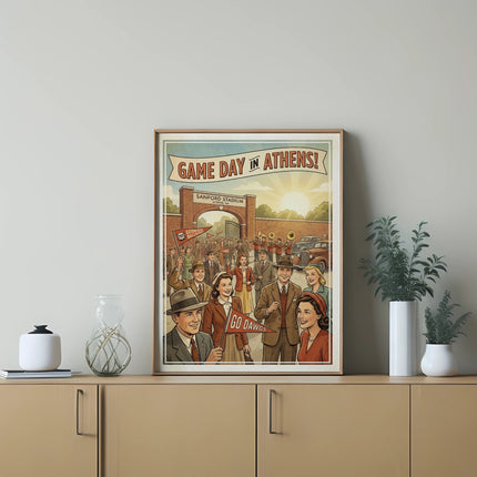 Vintage "Game Day in Athens!" poster featuring Sanford Stadium and cheering crowd.