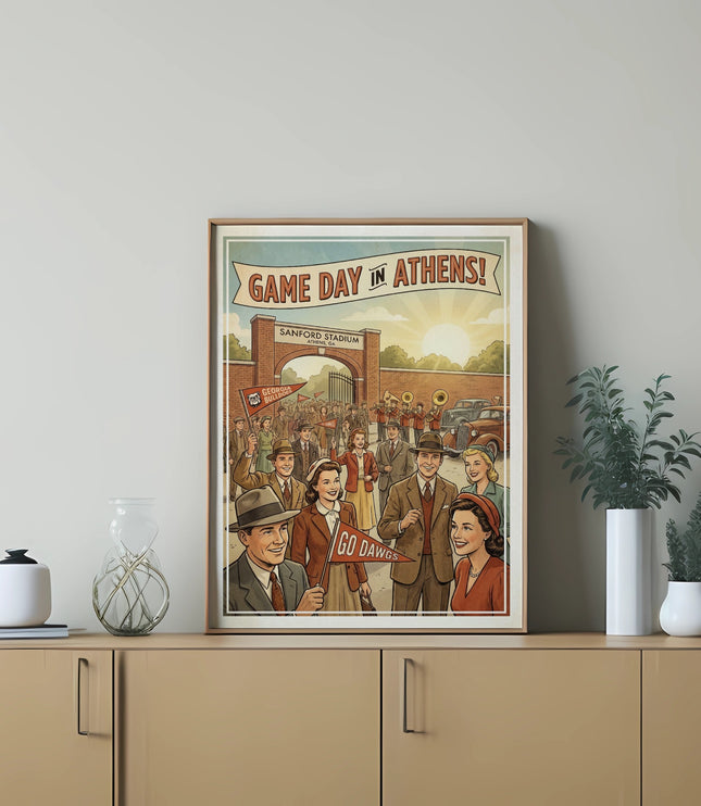 Vintage "Game Day in Athens!" poster featuring Sanford Stadium and cheering crowd.