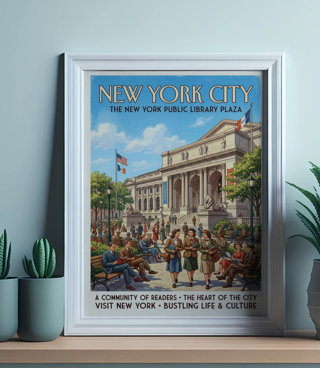 New York City Public Library Plaza poster with people reading and enjoying the city.
