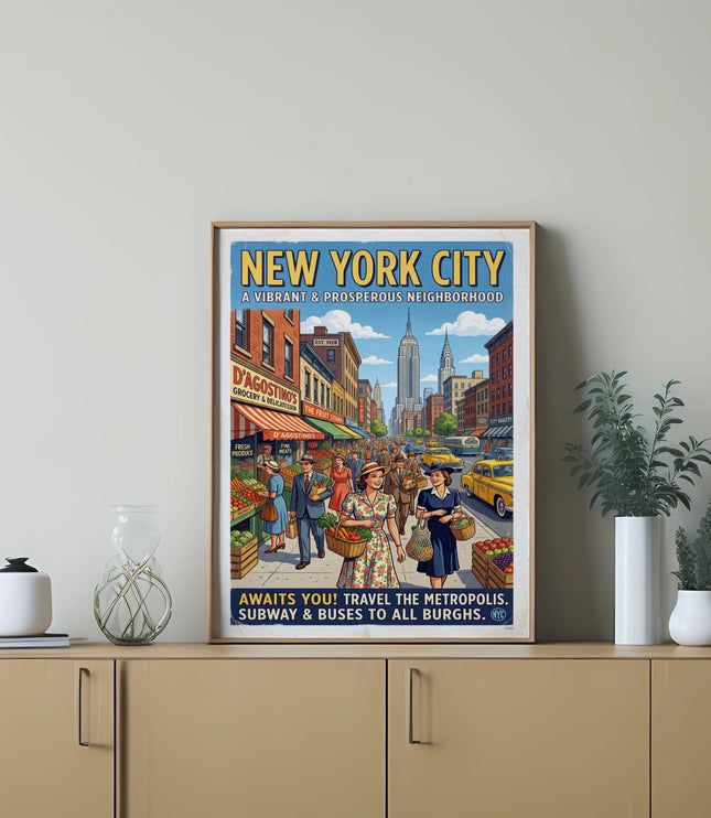 New York City vintage travel poster featuring street scene and Empire State Building.