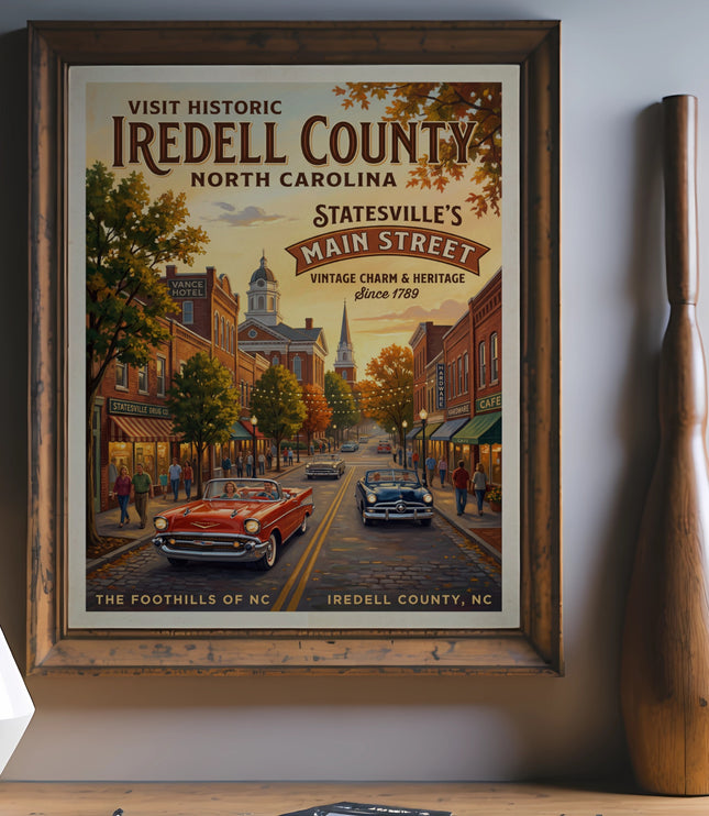Vintage poster of Statesville's Main Street with classic cars and historic buildings.
