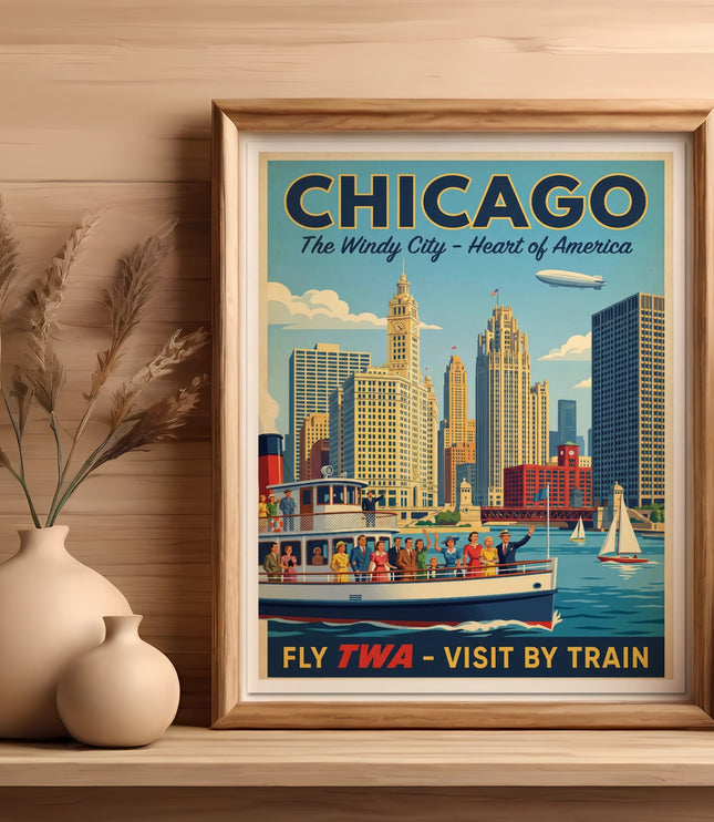 Framed Chicago postcard artwork shows skyline, boat, and blimp. Text reads "Chicago The Windy City - Heart of America".